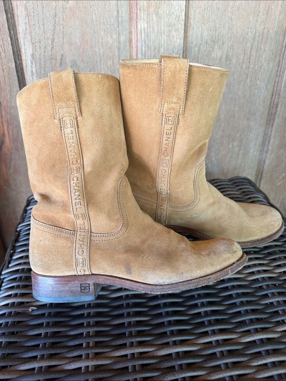 CHANEL Women Suede Mid-Calf Boots in Camel Tan, Sz 39